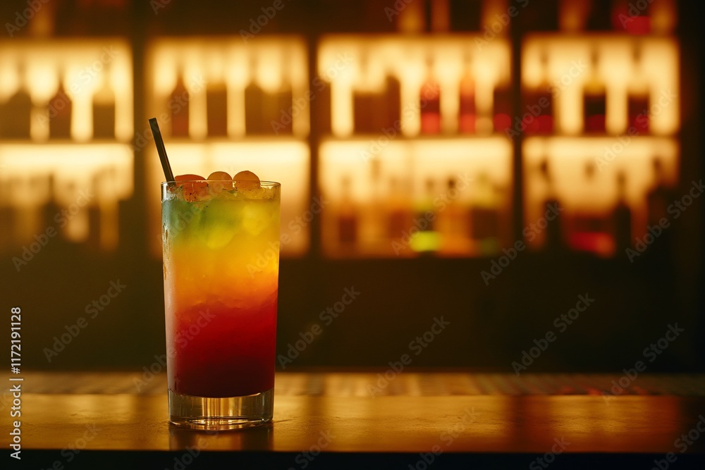 A colorful cocktail sits on a bar counter, illuminated by soft backlighting. A colorful cocktail sits on a bar counter, illuminated by soft backlighting.