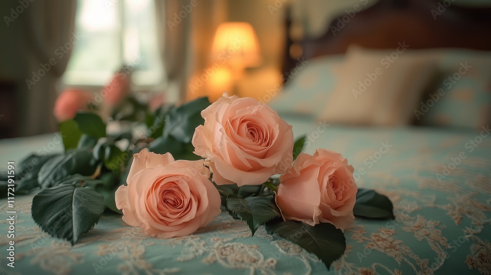 Obraz premium A romantic scene with vibrant roses resting on a soft blue comforter, illuminated by the warm glow of a lamp, perfect for celebrating love on Valentine's Day.