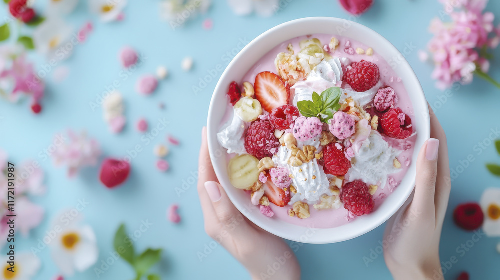 vibrant bowl of yogurt topped with fresh strawberries, raspberries, and granola, surrounded by colorful flowers, creating delightful and inviting scene vibrant bowl of yogurt topped with fresh strawberries, raspberries, and granola, surrounded by colorful flowers, creating delightful and inviting scene