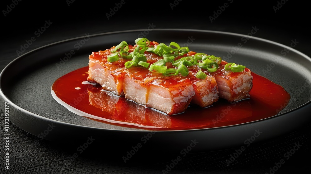 A serving of Chinese-style braised pork belly in a glossy sauce, plated with a garnish of green onions. A serving of Chinese-style braised pork belly in a glossy sauce, plated with a garnish of green onions.