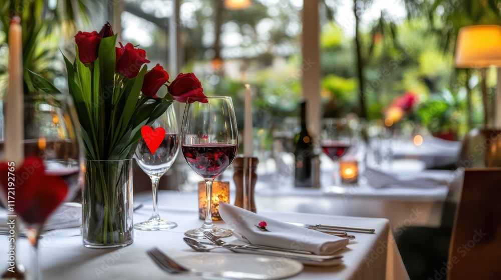 Fototapeta premium A romantic table adorned with a vibrant vase of flowers and elegant wine glasses, perfect for a heartfelt Valentine's Day celebration.