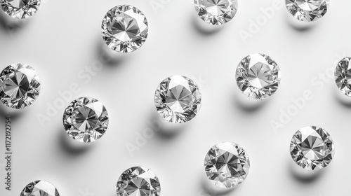 Sparkling diamonds arranged on white. Ideal for luxury, jewelry, or elegance themes.