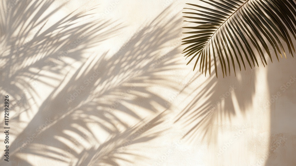 Fototapeta premium The shadow of palm leaves casts intricate patterns on a white concrete wall, creating a subtle play of light and texture in soft beige tones.