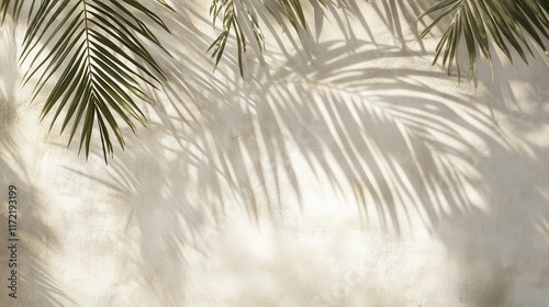 The shadow of palm leaves casts intricate patterns on a white concrete wall, creating a subtle play of light and texture in soft beige tones. photo