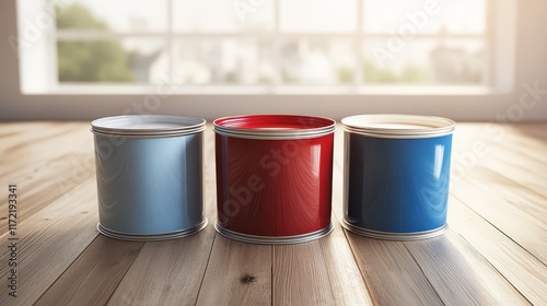 Three paint cans in red, blue, and white are arranged on a wooden floor, perfect for home improvement, renovation, and interior design projects. photo