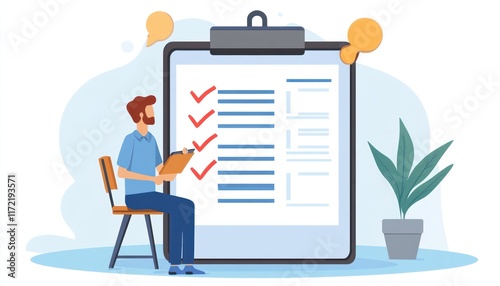 Man reviewing checklist, office background, task completion