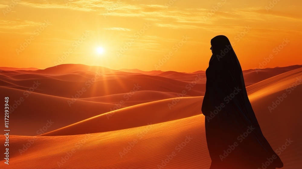 A stunning woman with her face veiled, walking alone in the serene desert, her silhouette standing out against the sun-kissed dunes, evoking a sense of adventure and serenity A stunning woman with her face veiled, walking alone in the serene desert, her silhouette standing out against the sun-kissed dunes, evoking a sense of adventure and serenity