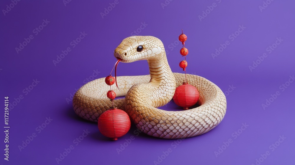 Fototapeta premium A Beige Snake Encircles Red Chinese Lanterns