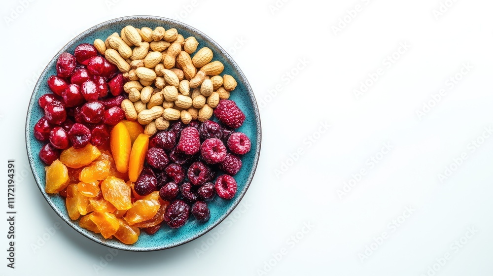A top-down view of festive Chinese New Year snacks like candied fruits and peanuts, placed on a clean ceramic plate with ample copy space. A top-down view of festive Chinese New Year snacks like candied fruits and peanuts, placed on a clean ceramic plate with ample copy space.