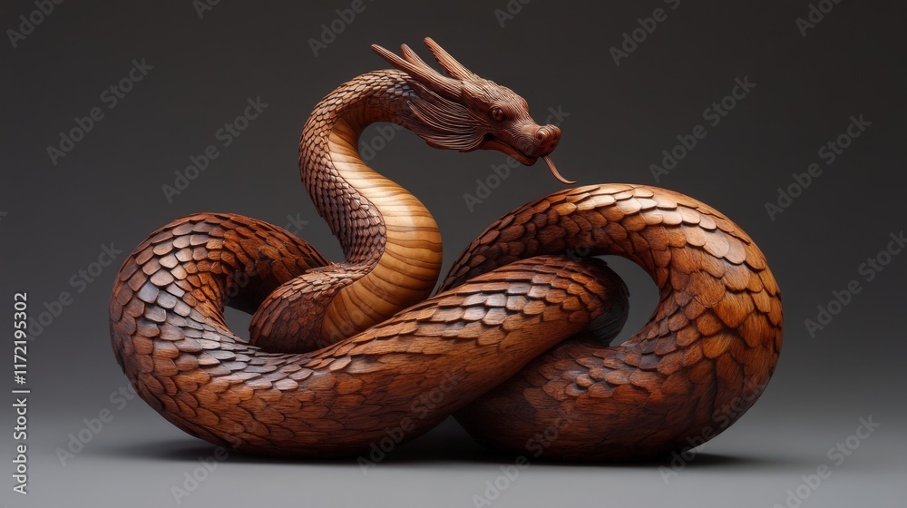 Fototapeta premium Intricate Wooden Dragon Sculpture Knotted Form