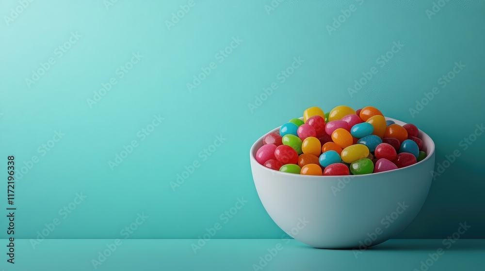 Bowl of colorful jellybeans placed on a clean pastel background with ample negative space. Bowl of colorful jellybeans placed on a clean pastel background with ample negative space.