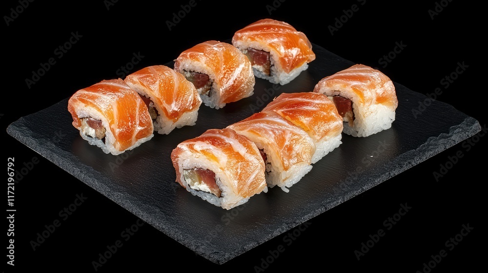 Close-up of fresh sushi rolls arranged neatly on a black slate plate, with negative space in the background. Close-up of fresh sushi rolls arranged neatly on a black slate plate, with negative space in the background.