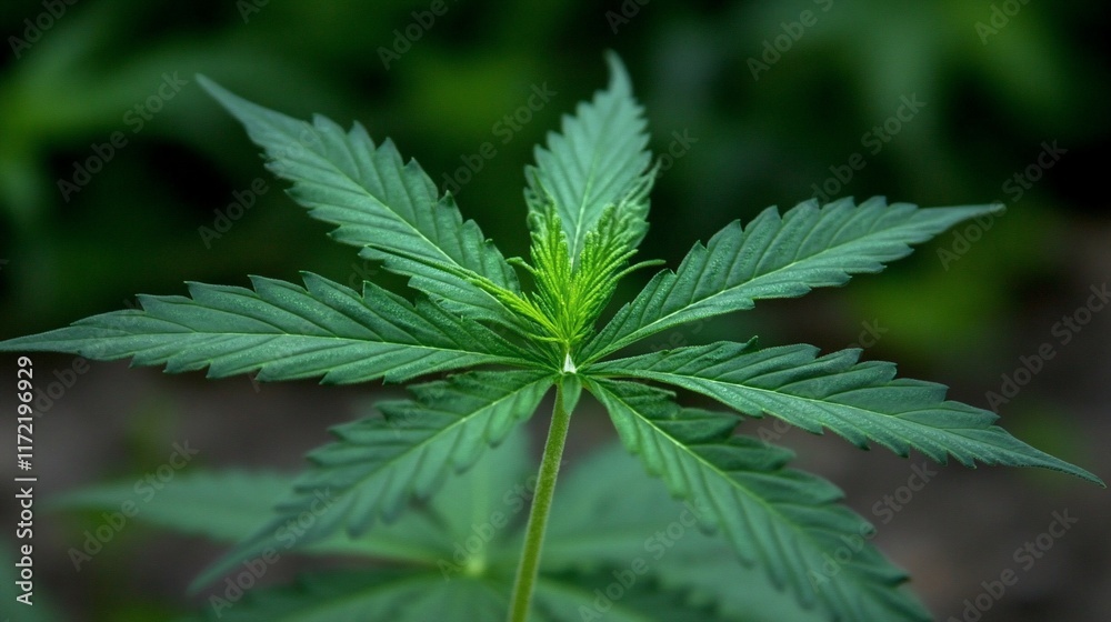 Close-Up of a Cannabis Plant, Lush Green Foliage, Detailed Leaf Structure Close-Up of a Cannabis Plant, Lush Green Foliage, Detailed Leaf Structure