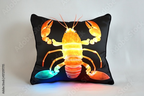 A vibrant lobster pillow with a colorful design, featuring bright hues and a striking black background, perfect for aquatic or nautical-themed decor. photo