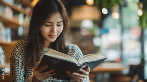 Young Asian woman enjoying a cup of coffee while reading in a cozy café, capturing a relaxed and casual lifestyle pose. photo