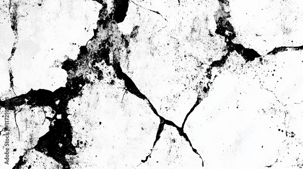 Fototapeta premium A black and white grunge texture pattern featuring cracks, chips, scuffs, dust, and stains on a transparent background, creating an abstract monochrome design.