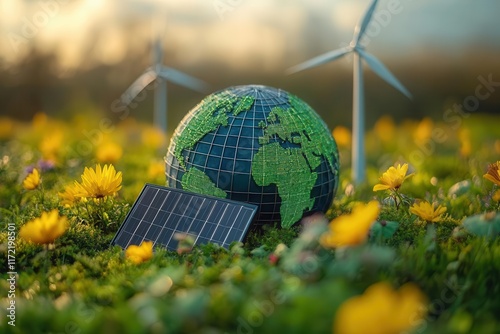 green globe symbolizing sustainability and renewable energy depicted with solar panels and wind turbines emphasizing the importance of environmental protection and ecofriendliness photo