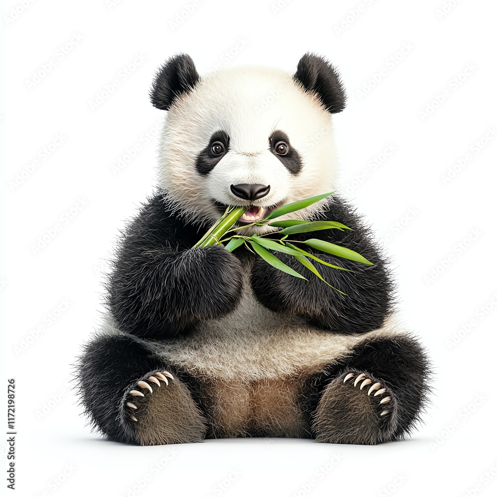 Naklejka premium A cute panda sits happily eating bamboo, showcasing its distinctive black and white fur in a charming pose.
