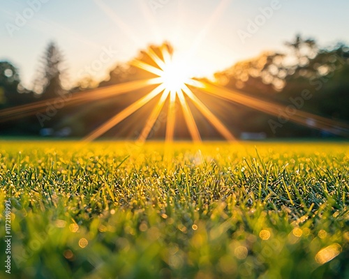 Sun rays burst over vibrant green grass field at sunset.