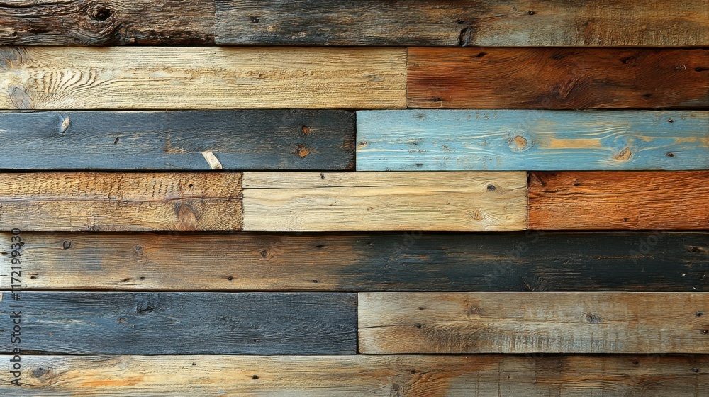 Naklejka premium Rustic Wooden Planks Wall Background Featuring Natural Grain Patterns in a Variety of Brown, Blue, and Gray Shades Ideal for Interior Design and Craft Projects