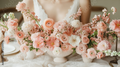 Romantic Table Setting: A delicate arrangement of pink and white flowers blooms in a white vase, creating a captivating centerpiece for a romantic table setting.