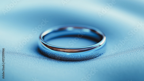 Silver Wedding Band on Blue Silk: A classic wedding band, gleaming softly on a luxurious blue silk background, symbolizes commitment, love, and enduring relationships.   photo