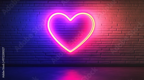Neon heart sign glowing on a brick wall.