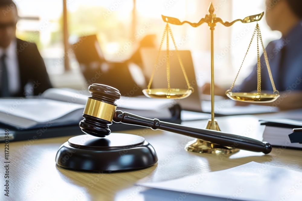 A gavel and scales of justice on a desk, symbolizing legal proceedings. A gavel and scales of justice on a desk, symbolizing legal proceedings.