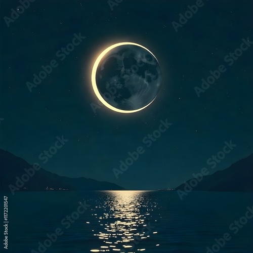 Sparkling moon eclipse on dark flat illustration
