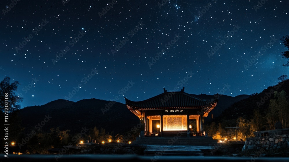 Illuminated Pavilion Under Starry Night Sky Mountains Illuminated Pavilion Under Starry Night Sky Mountains