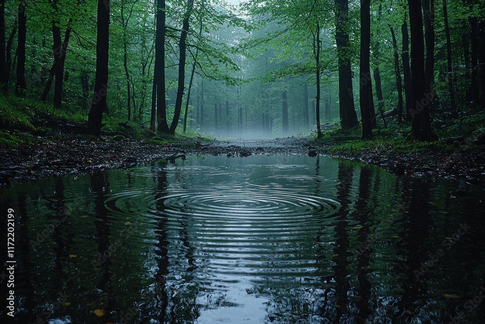 Rain ripples in forest puddle, misty trees background, tranquil nature scene Rain ripples in forest puddle, misty trees background, tranquil nature scene
