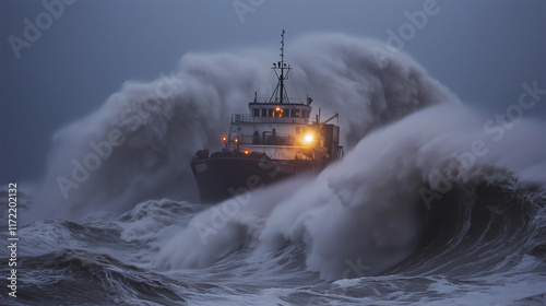 A large ship is in the ocean with a huge wave photo