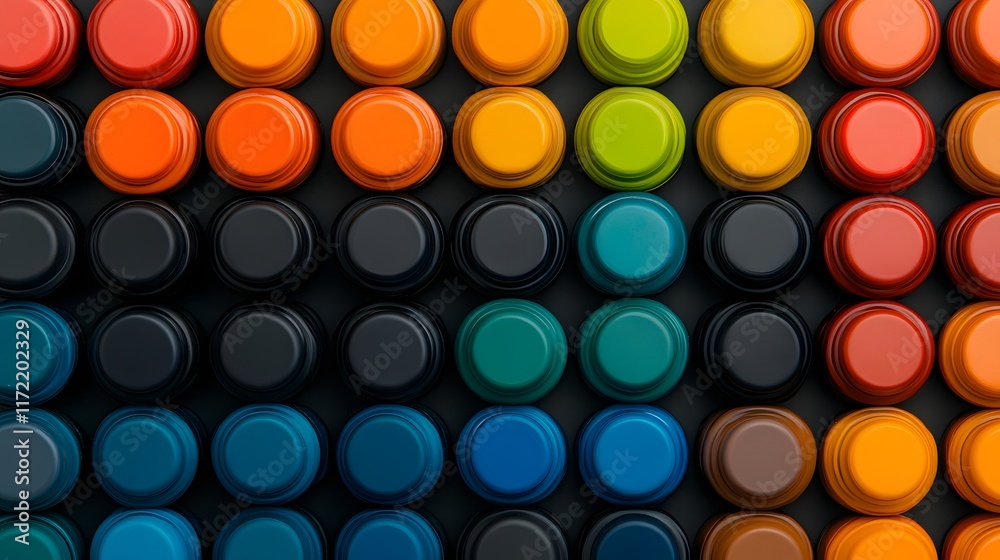 Vibrant Array of Round Bottle Caps in Variety of Colors Displayed in Neat Rows for Background or Creative Design Elements Vibrant Array of Round Bottle Caps in Variety of Colors Displayed in Neat Rows for Background or Creative Design Elements