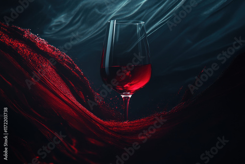 Glass of wine with vibrant red splash, midair motion frozen in time, against a clean white background. photo