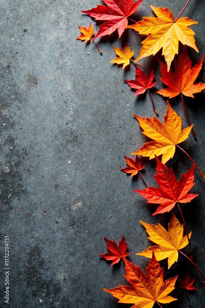Amber hues of maple leaves against grey concrete backdrop, texture, autumn colors Amber hues of maple leaves against grey concrete backdrop, texture, autumn colors