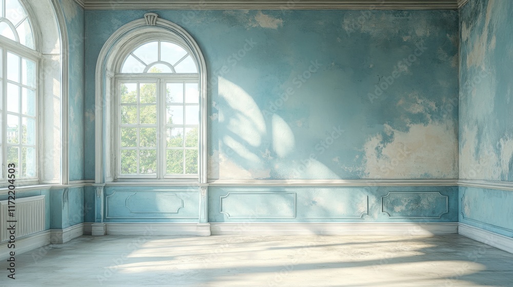 Fototapeta premium Serene Light-filled Room with Vintage Blue Walls and Large Windows Overlooking a Beautiful Landscape, Perfect for Interior Design and Home Decor Projects