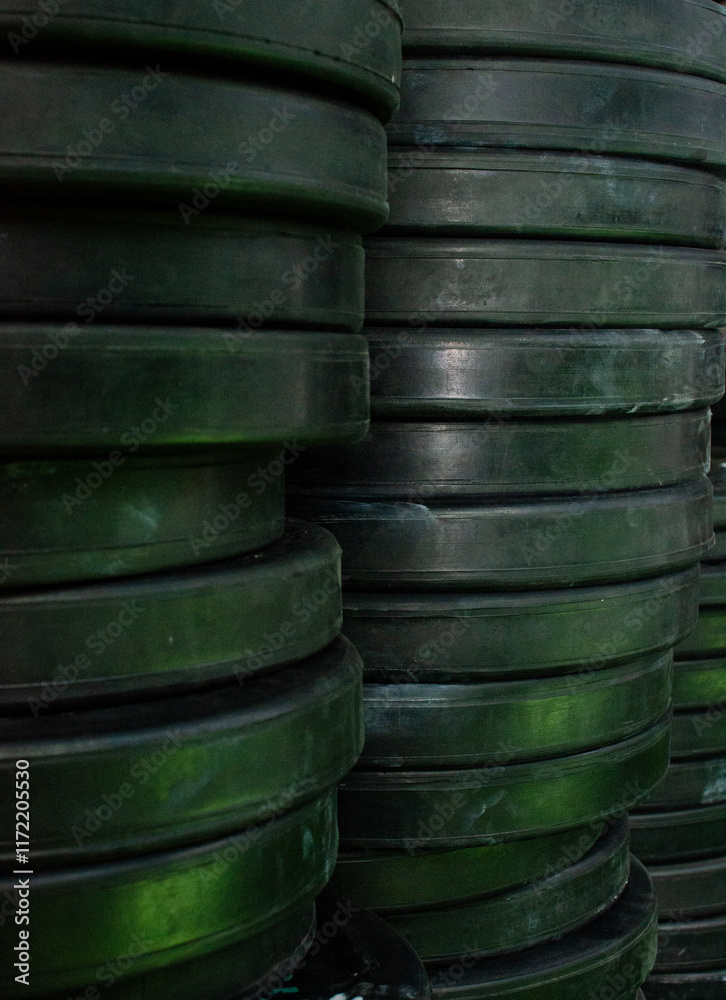 Obraz premium Stacks of weight plates arranged neatly, showcasing strength training essentials for gyms, fitness centers, and home workout spaces.
