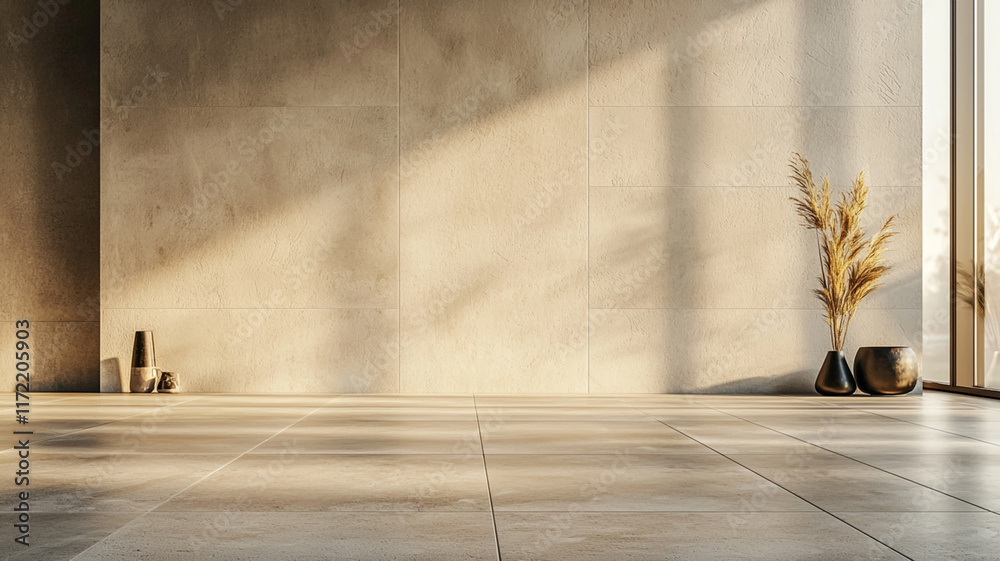 Obraz premium minimalist interior with a wooden floor, an empty wall mockup, sunlight and plants, modern interior design, modern living room, room with wall and window, room with a window, plant pot in room