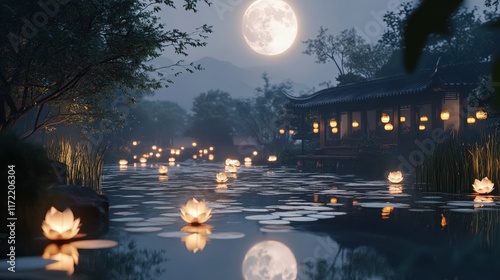 Serene moonlit Asian pavilion scene with floating lanterns