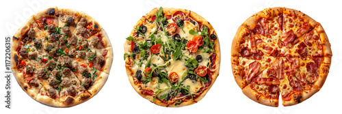 Set of isolated three whole sausage, Veggie, and Bacon pizza on transparent background in top view.