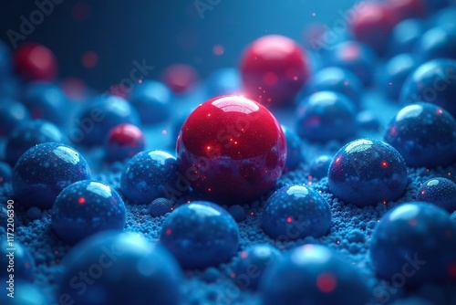 Blue and red spheres embedded in a silver blue matrix, blue, art photo