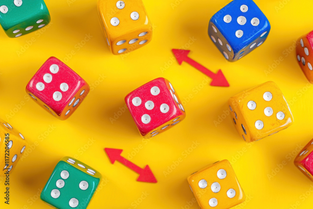 Colorful dice on yellow background: red, green, blue, yellow, and black, creating a vibrant and eye-catching contrast. Colorful dice on yellow background: red, green, blue, yellow, and black, creating a vibrant and eye-catching contrast.