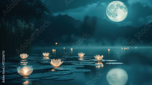 Illuminated Lotus Flowers Float Serenely on Moonlit Lake