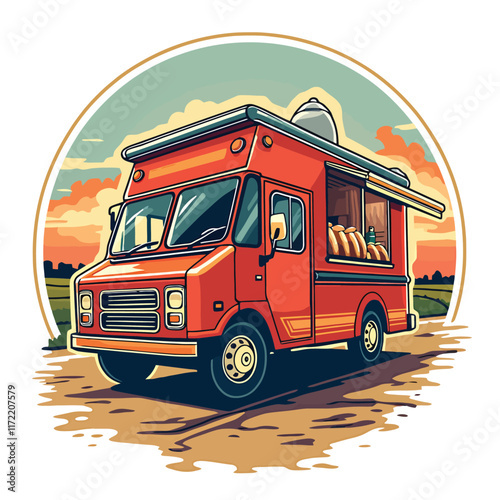 a red food truck with a roof and a roof rack