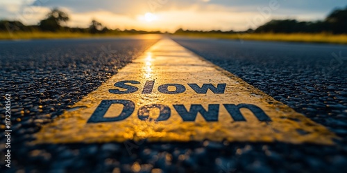 Road sign slow down sunset