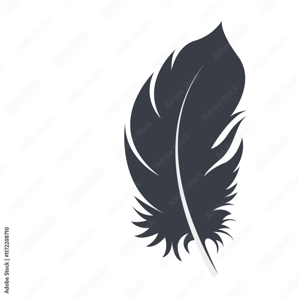 Fototapeta premium Bird Feather Black Silhouette Isolated on White Background. Vector Illustration