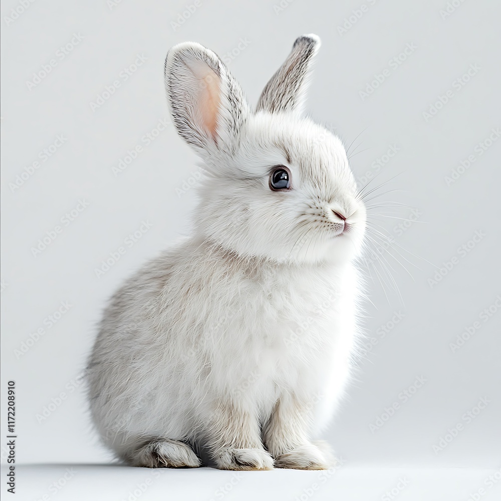 Obraz premium Fluffy white bunny rabbit sitting, studio shot, simple background, Easter card.