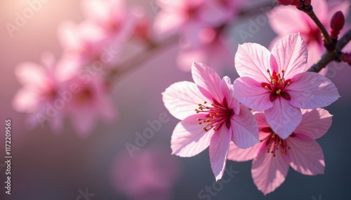 Delicate pink petals unfolding on a Himalayan cherry branch, wild cherry blossoms, flower arrangement, color palette