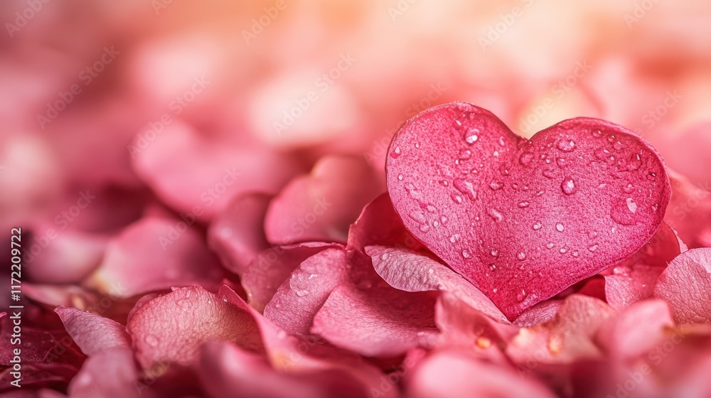 Fototapeta premium A delicate pink heart nestled among soft pink flower petals, symbolizing love and affection on a beautiful Valentine's Day.