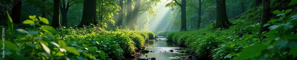 A small stream meanders through the dense underbrush of a late summer forest, foliage, misty atmosphere, underbrush A small stream meanders through the dense underbrush of a late summer forest, foliage, misty atmosphere, underbrush
